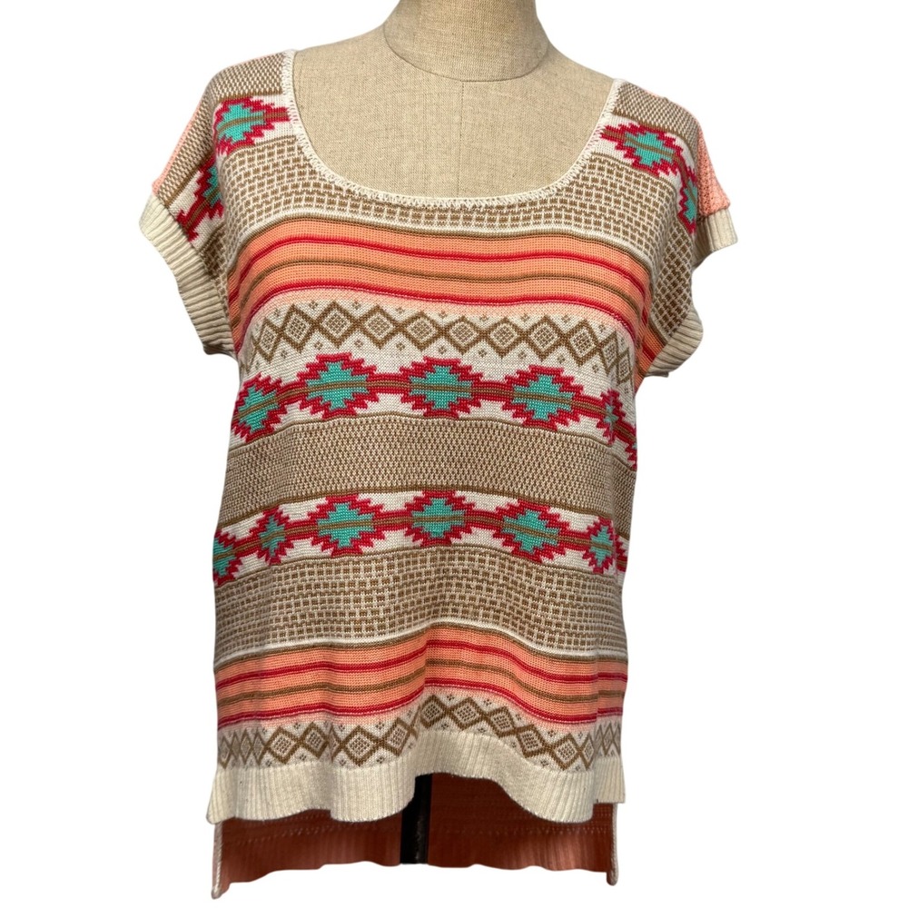 VTG Cotton Emporium M‎ Boho Aztec Knit Top Short Sleeve Tunic Retro Beige Pink